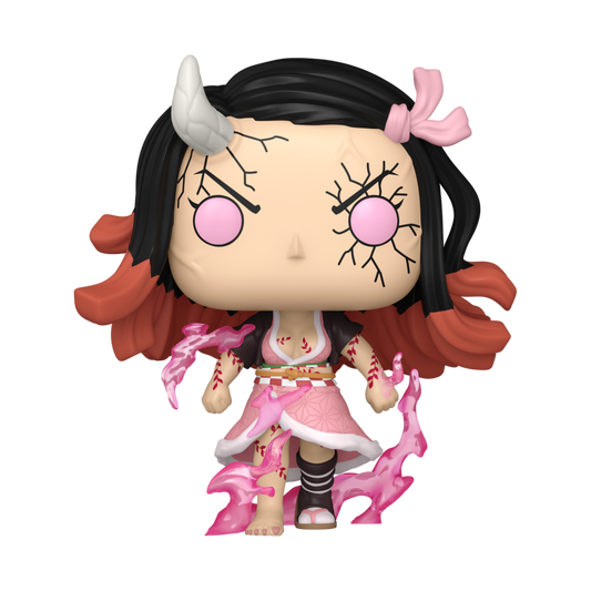 Nezuko Funko Pop! vinyl figure with black hair, red hair, and pink accessories on a white background