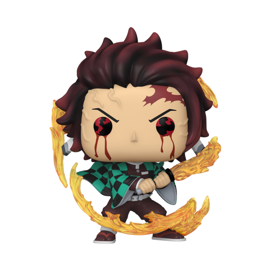 Tanjiro Funko Pop! vinyl figure with spiky hair and flames on a white background