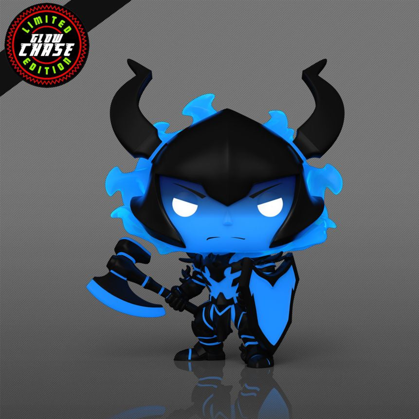 Glow-in-the-dark figurine with blue and black design on a gray background