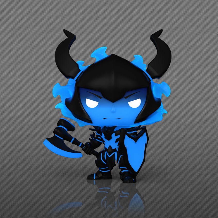 Animated character with blue glowing accents and black horns on a gray background