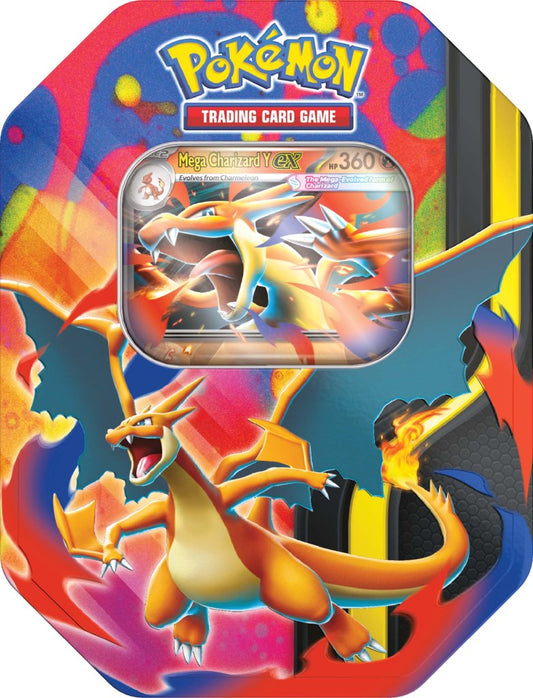 Pokémon trading card game packaging with Charizard on a colorful background