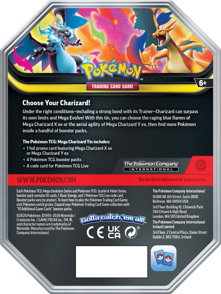 Pokémon trading card game tin packaging with Charizard illustration