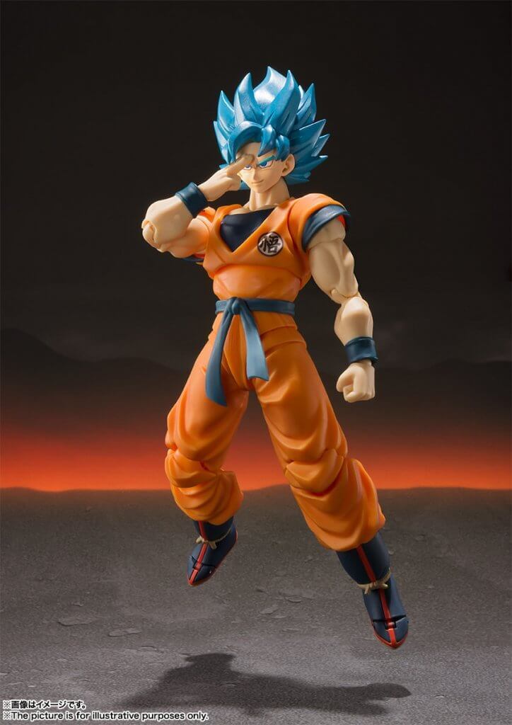 Action figure of a character in an orange and blue outfit against a dark background
