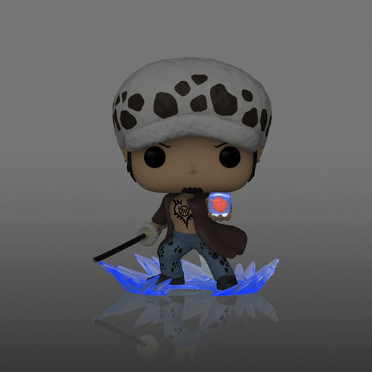 Funko Pop! vinyl figure of Trafalgar Law with his hat and cape on holding a translucent blue cube with a reflective surface