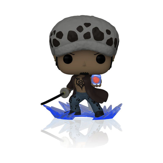 Funko Pop! vinyl figure of Trafalgar Law with his hat and cape on holding a translucent blue cube with a white background