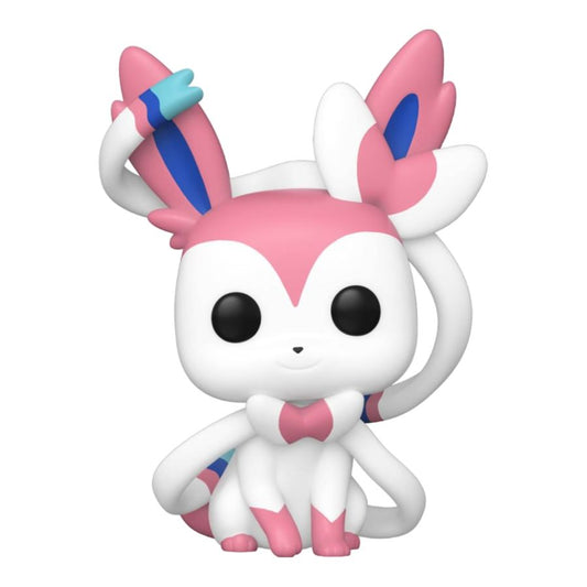 A stylized vinyl figure of a pink and white fox-like creature with long ears, black eyes, and a small pink bow, shown on a plain white background.