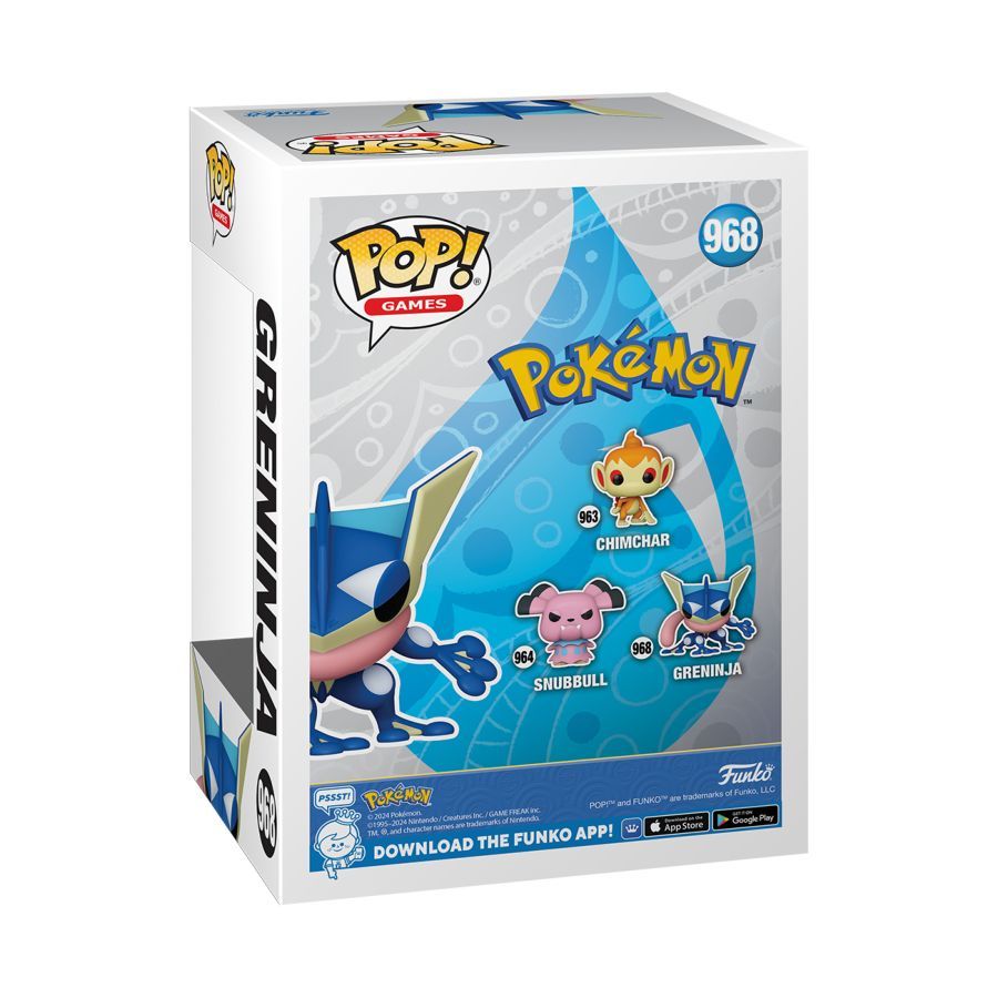 Funko Pop! packaging for Greninja from Pokémon with character illustrations on a white background