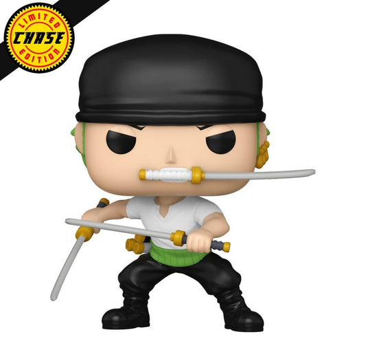 A figurine of Roronoa Zoro from One Piece, featuring a black bandana and holding three swords, standing in a stylized pose.