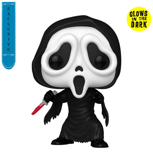 A Funko Pop! vinyl figure of Ghostface in a black hooded robe, holding a red-bladed knife. The image features a yellow 'Glow in the Dark' badge, a blue 'Exclusive' ribbon, and shipping text on a white background.