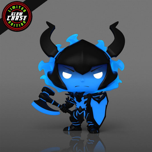 Glow-in-the-dark figurine with blue and black design on a gray background
