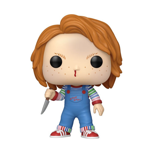 Funko Pop! vinyl figure of a character with red hair, striped shirt, and blue overalls holding a knife on a white background.