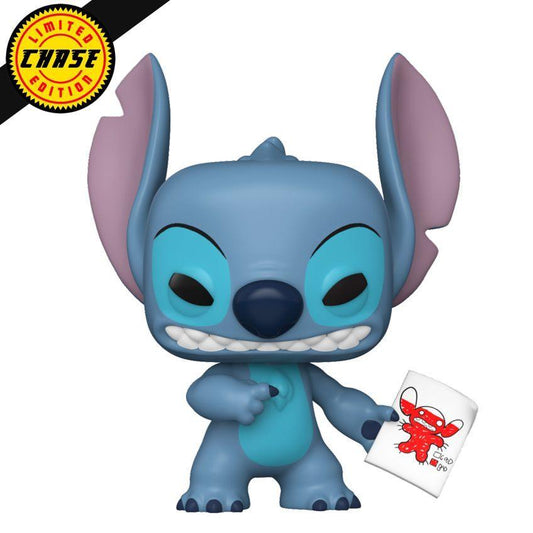 Blue cartoon character holding a red and white card with 'Chase' logo above it on a white background