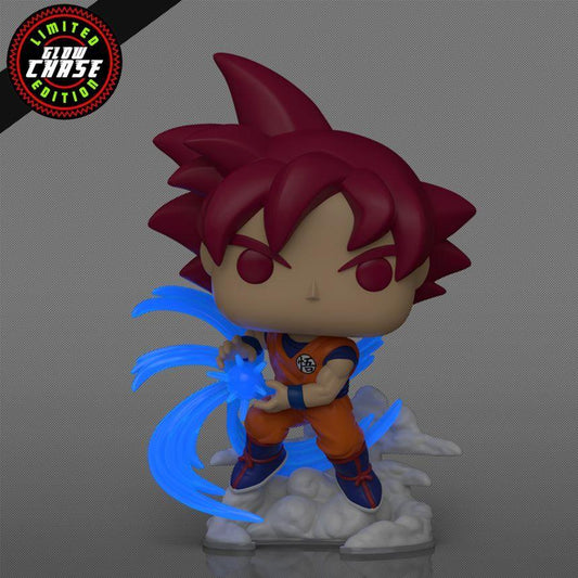 A Funko Pop! style anime figure of a spiky-haired character in an orange and blue outfit, posed with a blue energy effect, on a gray background. A 'Limited God Chase Edition' badge appears in the top-left corner, and a disclaimer text is at the bottom.