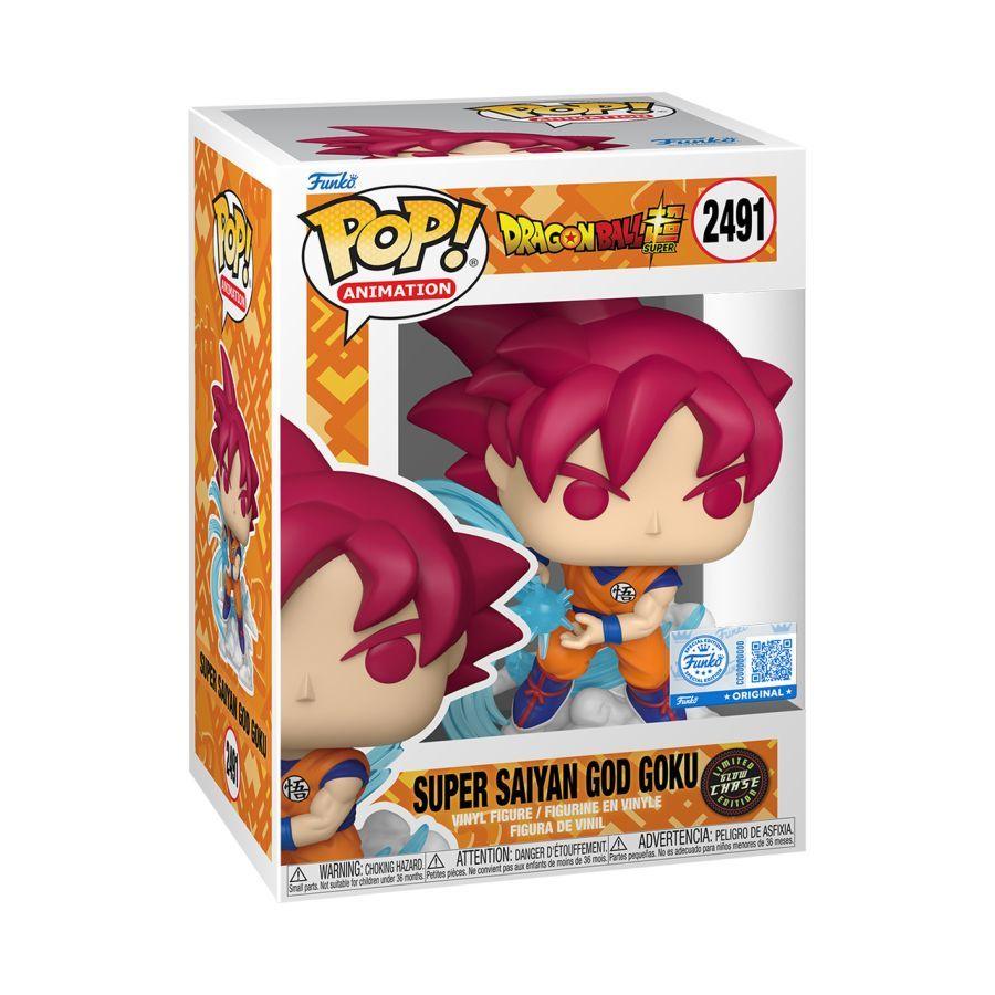 Funko Pop! Animation Dragon Ball Z Super Saiyan God Goku vinyl figure in its original window box packaging, featuring character number 2491.