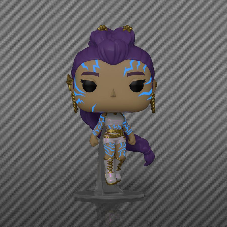 Funko Pop! vinyl figure with purple hair and blue accents on a gray background