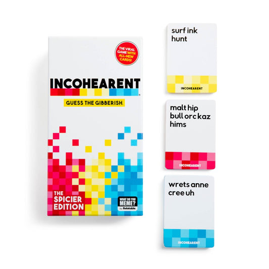 Packaging of 'INCOHEARENT' game with colorful design and text on a white background