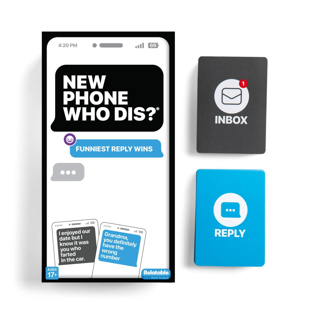 Phone app interface with text 'NEW PHONE WHO DIS?' and two cards labeled 'INBOX' and 'REPLY' on a white background.