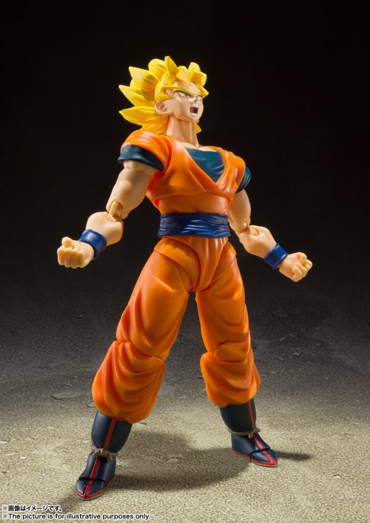Action figure in orange and blue outfit on a dark background
