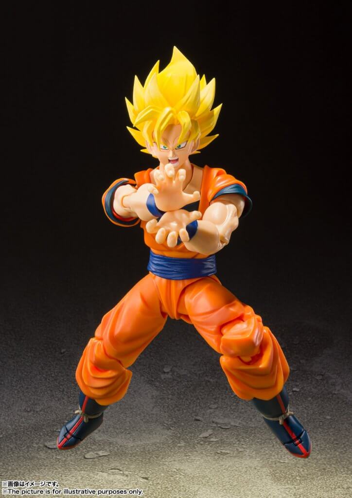 Action figure in orange and blue outfit with yellow hair on a dark background