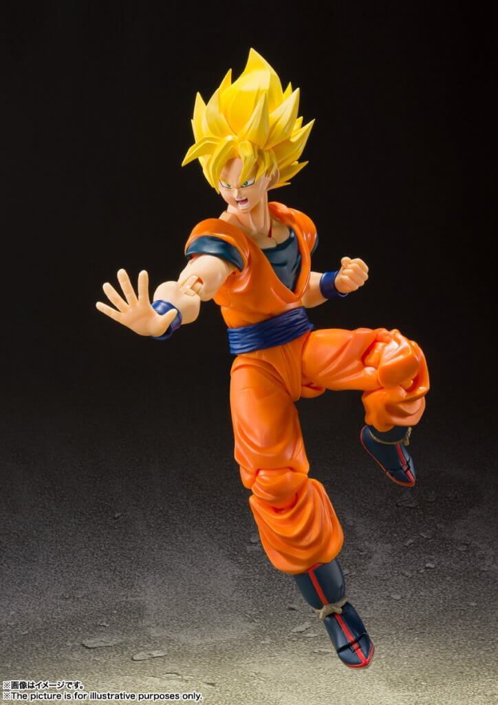 Action figure in orange and blue outfit with spiky yellow hair on a dark background