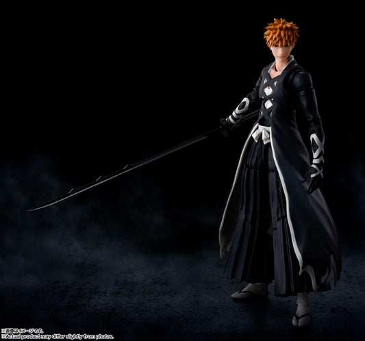 Figure in black and white outfit holding a sword against a dark background
