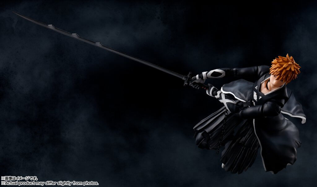 Character in a dark outfit with a sword against a dark background