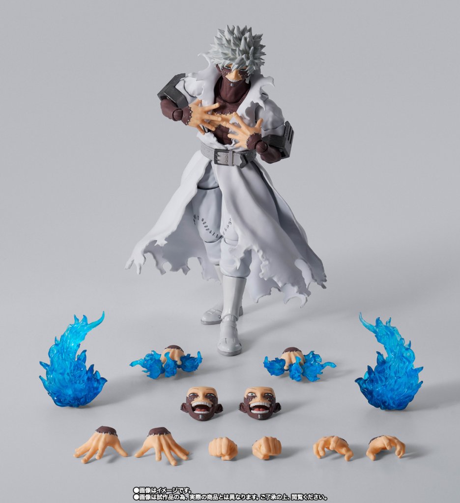 Action figure with interchangeable parts on a gray background